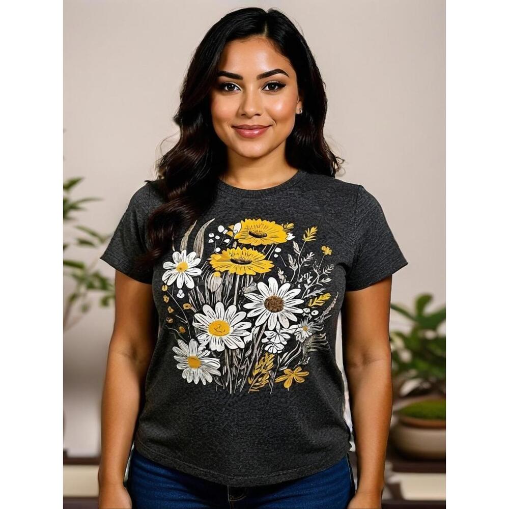 Women's T Shirt Gray Yellow Flowers Sz L Graphic Floral Stretch Cottage Feminine